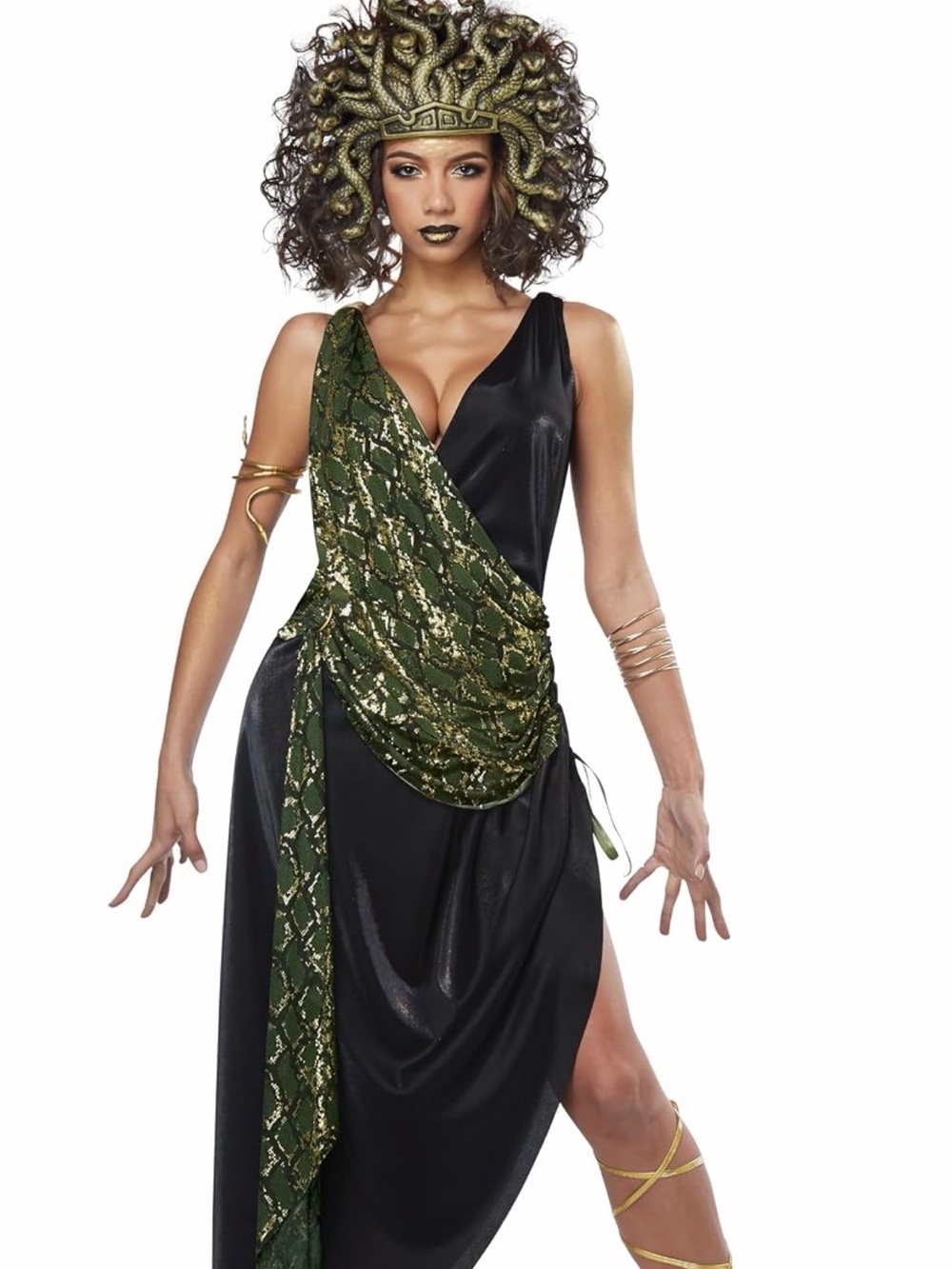 California Costumes Black One-Shoulder Dress with Green Metallic Sash medusa